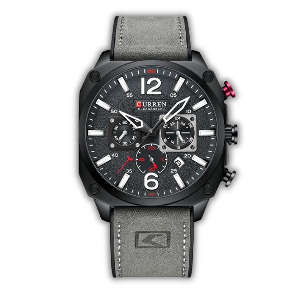 Gray wristwatch with a detailed face on a white background